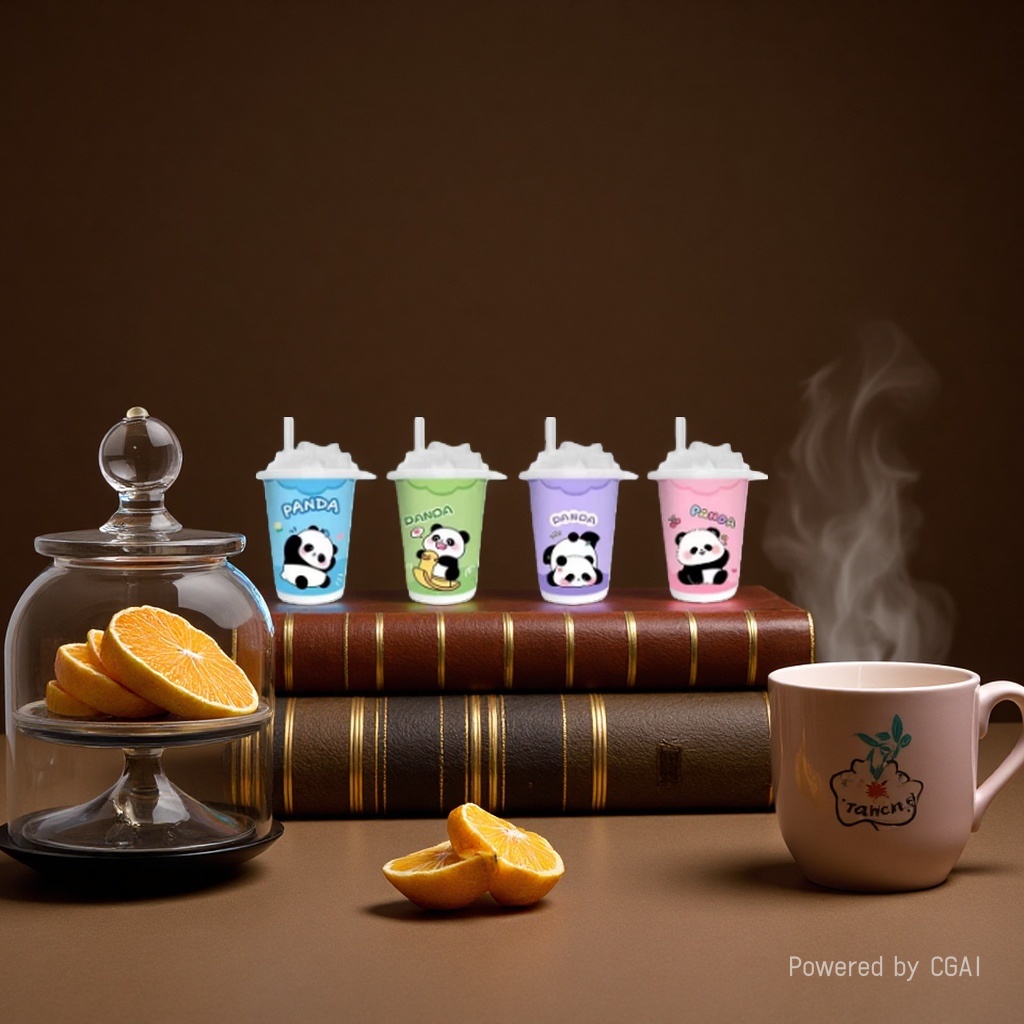 Blue, green, purple and pink base, little panda milk tea cup, wet wipes