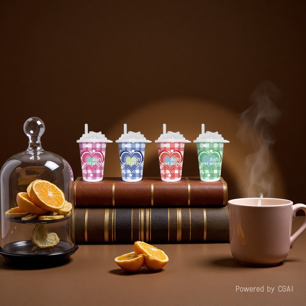 Pink, white, blue, white, red, white, green, white, checkered base with heart pattern, milk tea cup, wet wipes