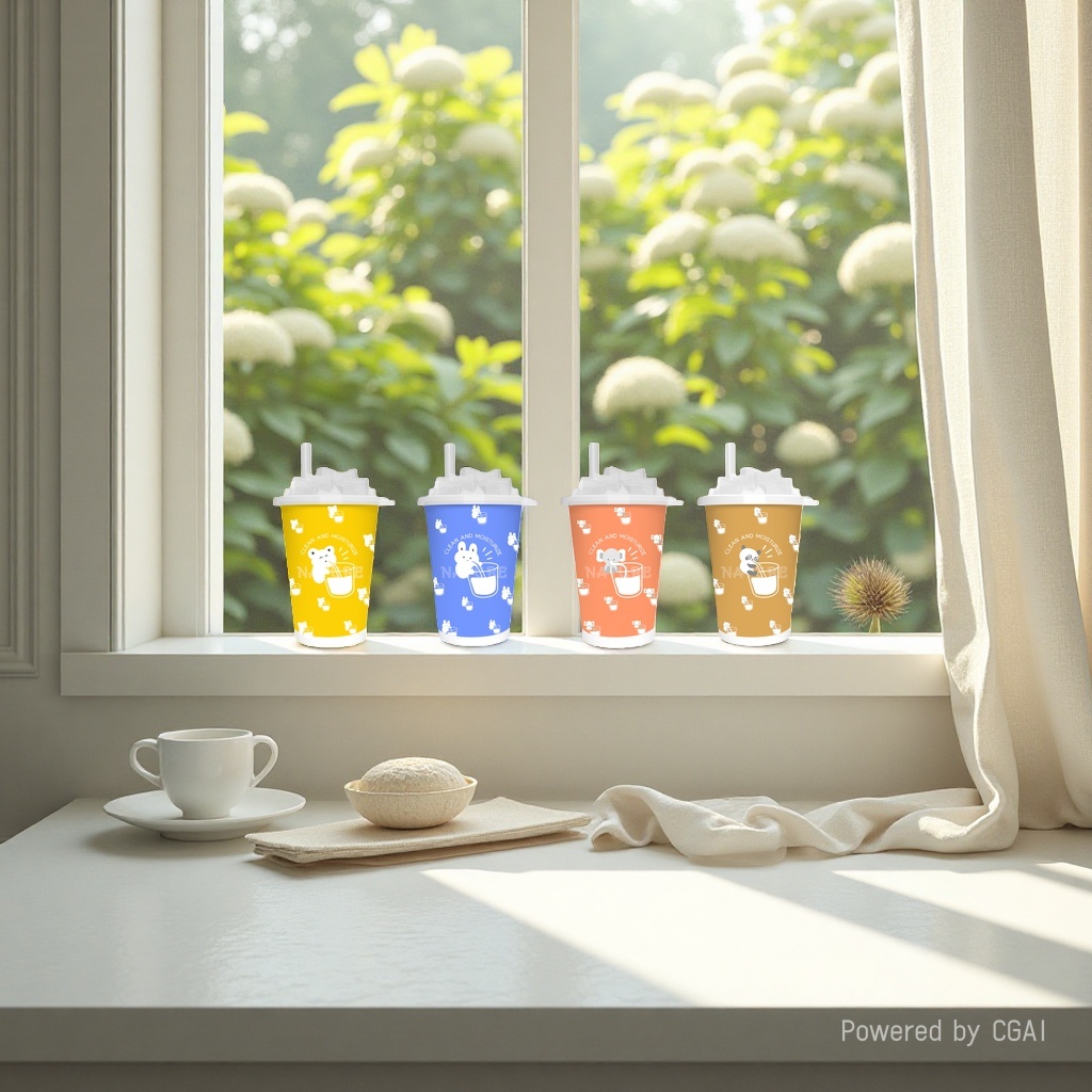 Oso amarillo conejo azul naranja elefante marrón panda cuatro tazas de té con leche toallitas de papel húmedas details Picture