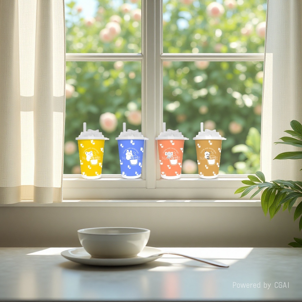 Oso amarillo conejo azul naranja elefante marrón panda cuatro tazas de té con leche toallitas de papel húmedas Specification image