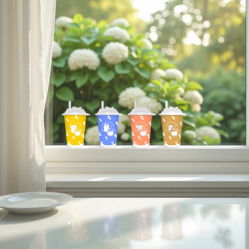 Oso amarillo conejo azul naranja elefante marrón panda cuatro tazas de té con leche toallitas de papel húmedas