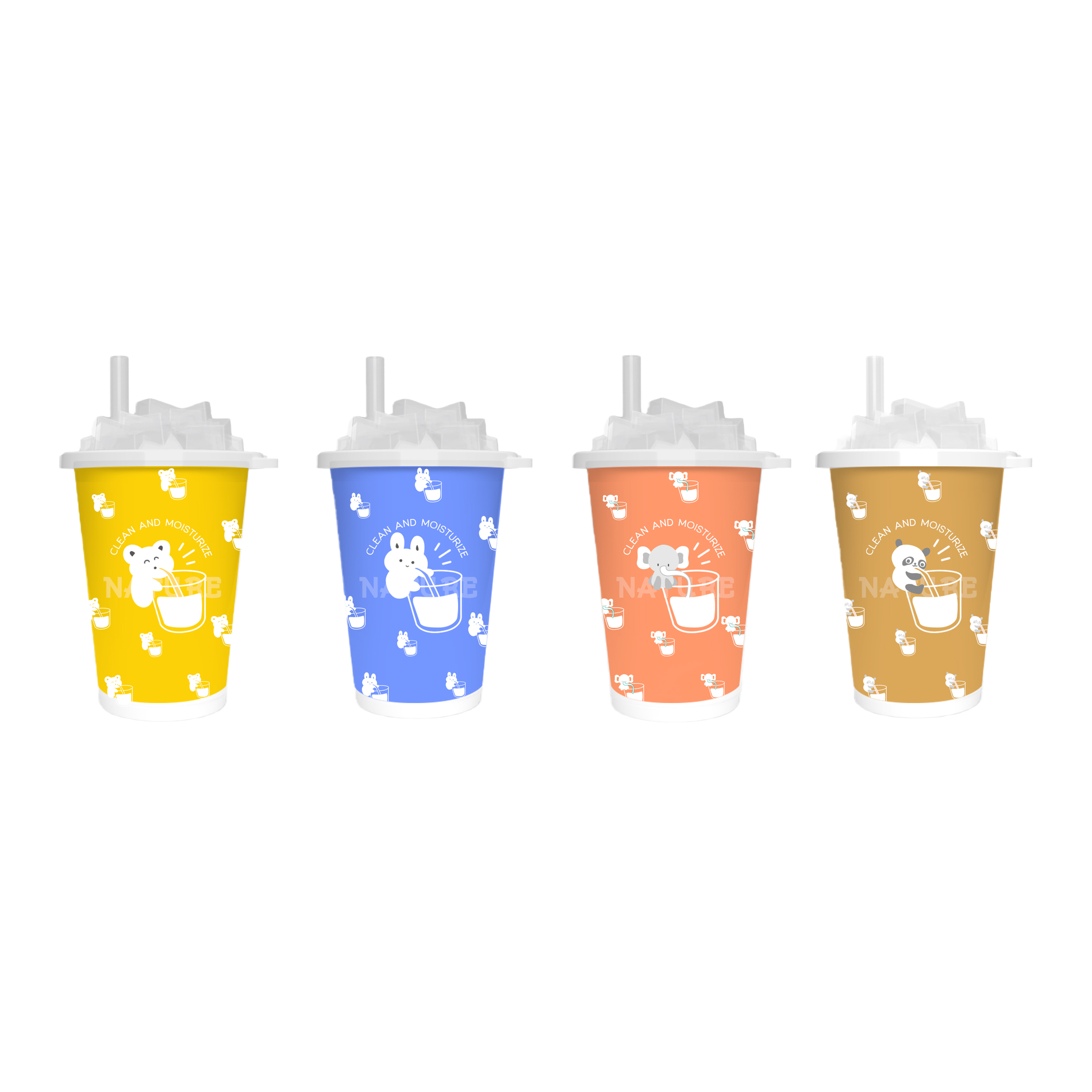 Oso amarillo conejo azul naranja elefante marrón panda cuatro tazas de té con leche toallitas de papel húmedas Item Picture
