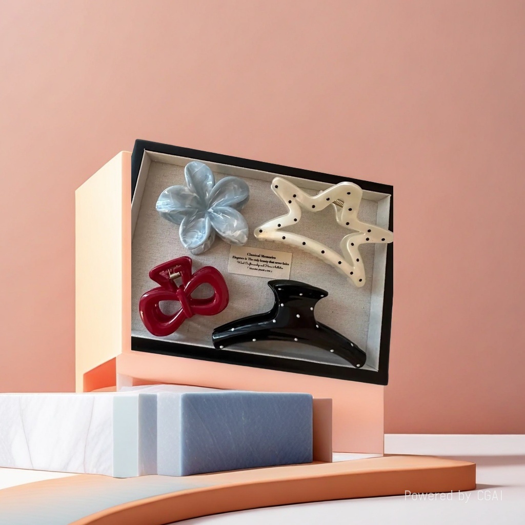 Colorful hairpin combination: blue and white gradient flower shape, beige black dot star shape, red bow shape, black background with white dots, long strip pearl clamp Specification image