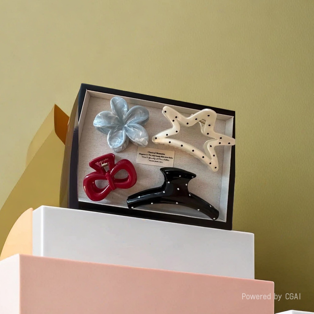 Colorful hairpin combination: blue and white gradient flower shape, beige black dot star shape, red bow shape, black background with white dots, long strip pearl clamp details Picture