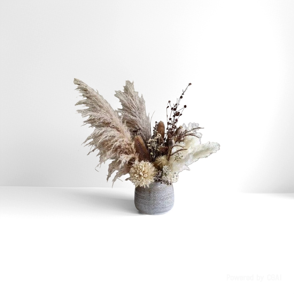 米色干花插花束 灰白斑点陶瓷花瓶 铁杆芦苇麦穗DIY豆荚干花饰品
