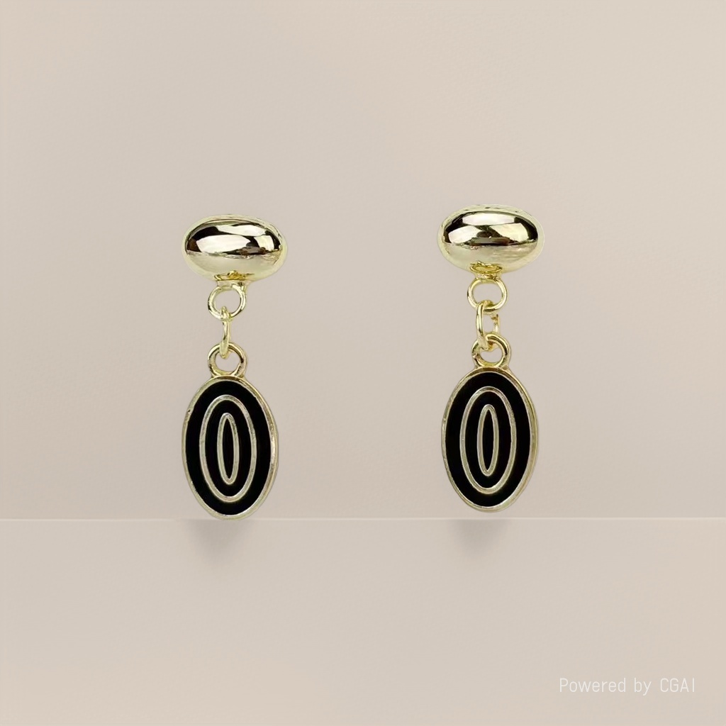 Golden stud earrings with black oval pendant earrings details Picture