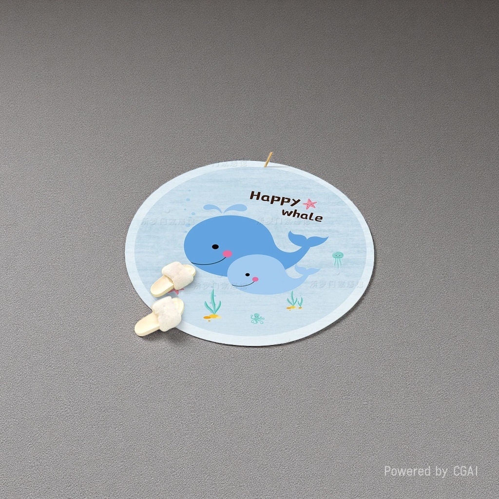 蓝色圆形海洋风卡通鲸鱼地毯 Happy whale自粘办公大地毯