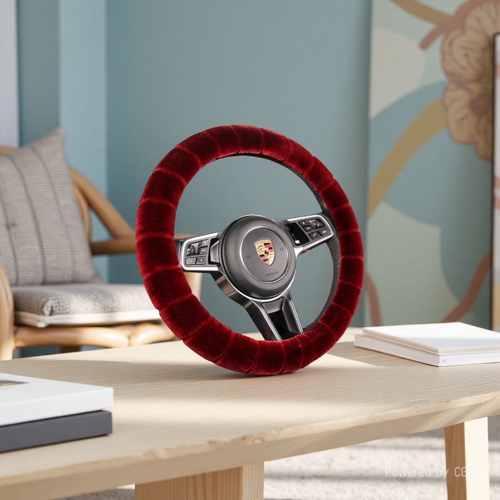 Red suede hand-sewn car steering wheel cover for Teramont