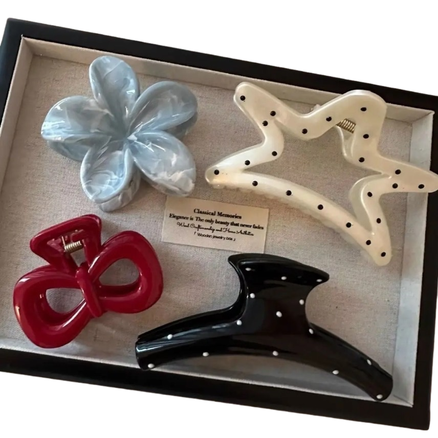 Colorful hairpin combination: blue and white gradient flower shape, beige black dot star shape, red bow shape, black background with white dots, long strip pearl clamp Item Picture