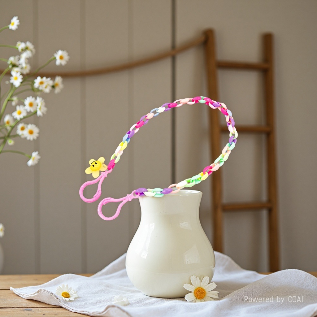 Keychain, colorful plastic chain, lanyard with yellow smiling face flower decoration, pink hook Specification image