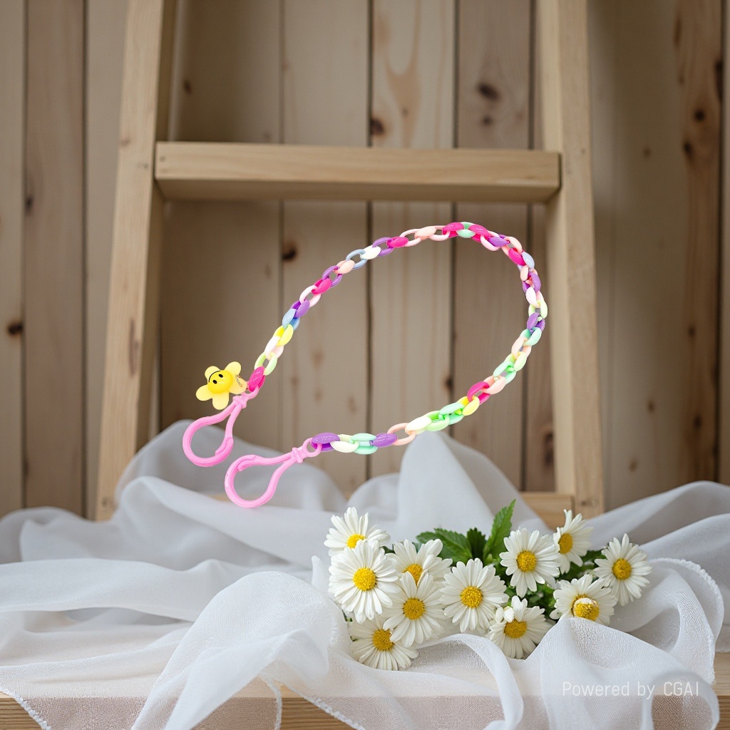 Keychain, colorful plastic chain, lanyard with yellow smiling face, flower decoration, pink hook. 093230132