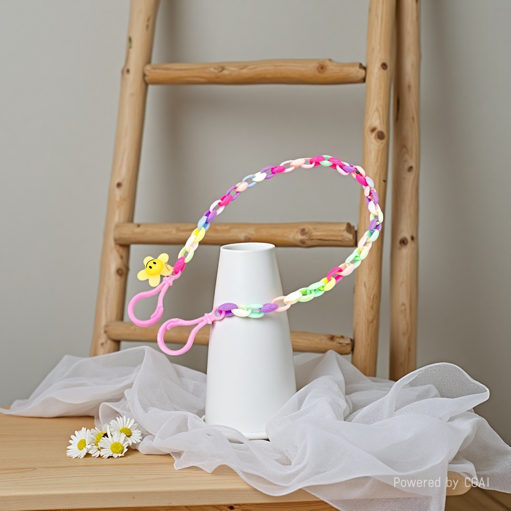 Keychain, colorful plastic chain, lanyard with yellow smiling face flower decoration, pink hook Application Scenario