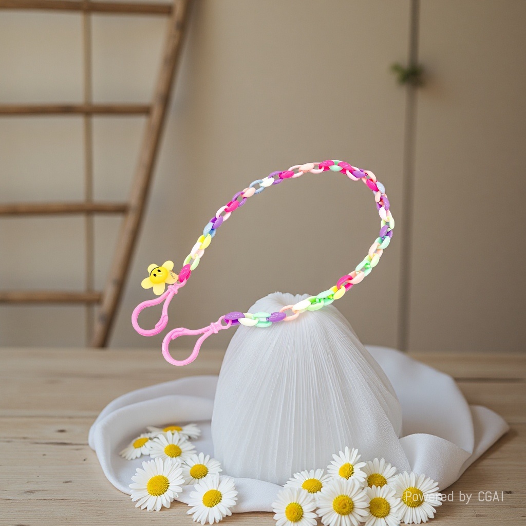 Keychain, colorful plastic chain, lanyard with yellow smiling face flower decoration, pink hook details Picture