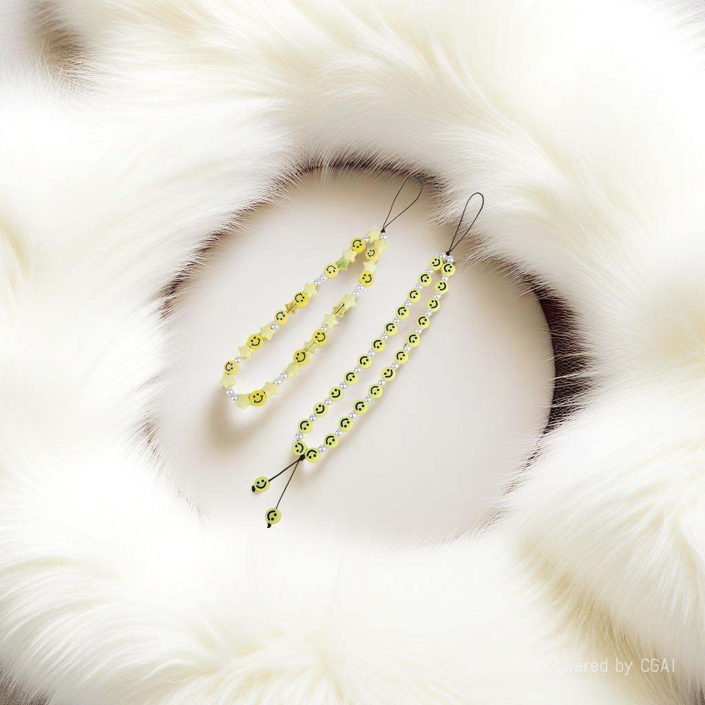 The same pearl yellow smiling face mobile phone chain, pendant, beaded accessory, pendant and lanyard as in the European and American ins style, in an ins style for women