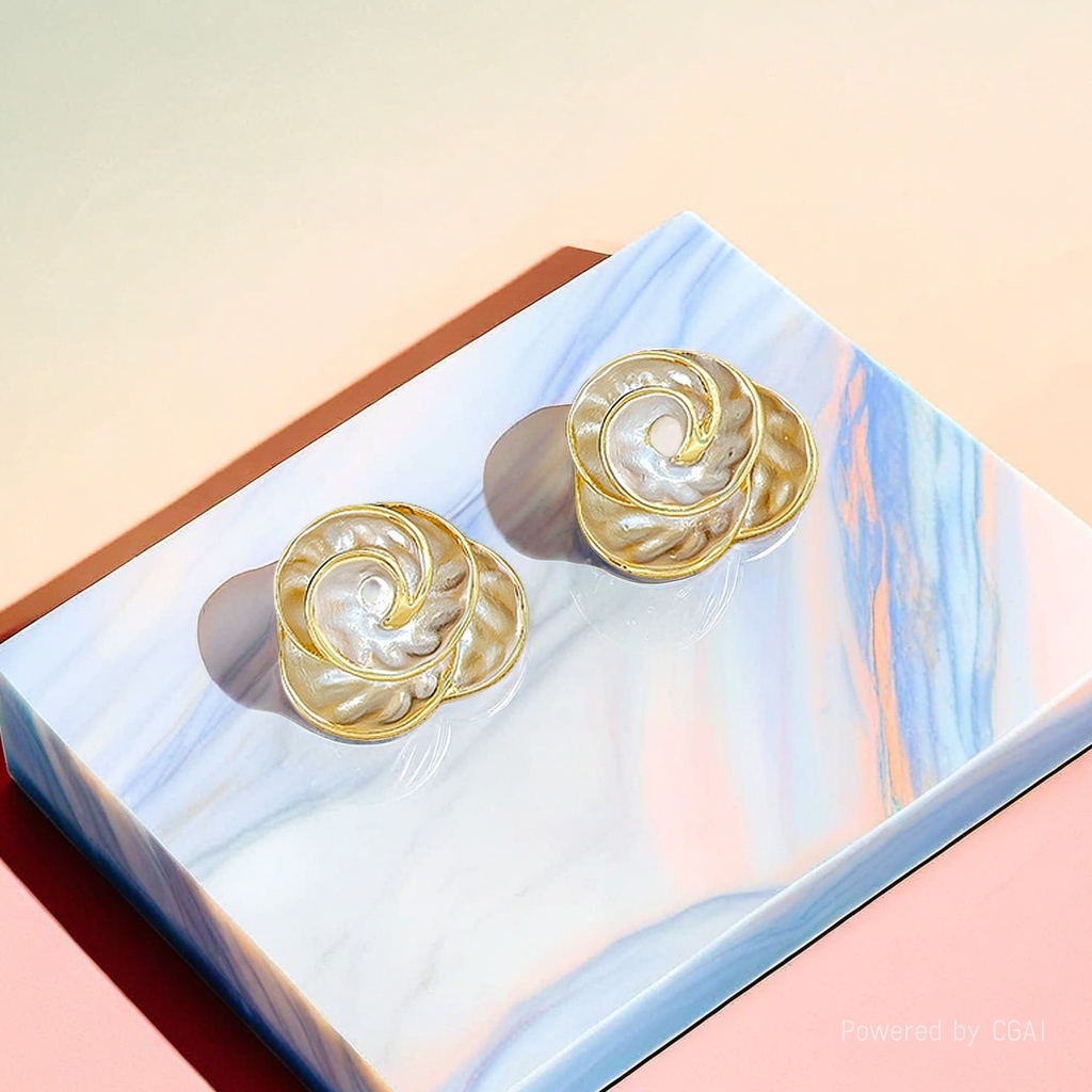 Bulubulu金色螺旋珍珠耳钉925银福瑞中古风永芳珍珠