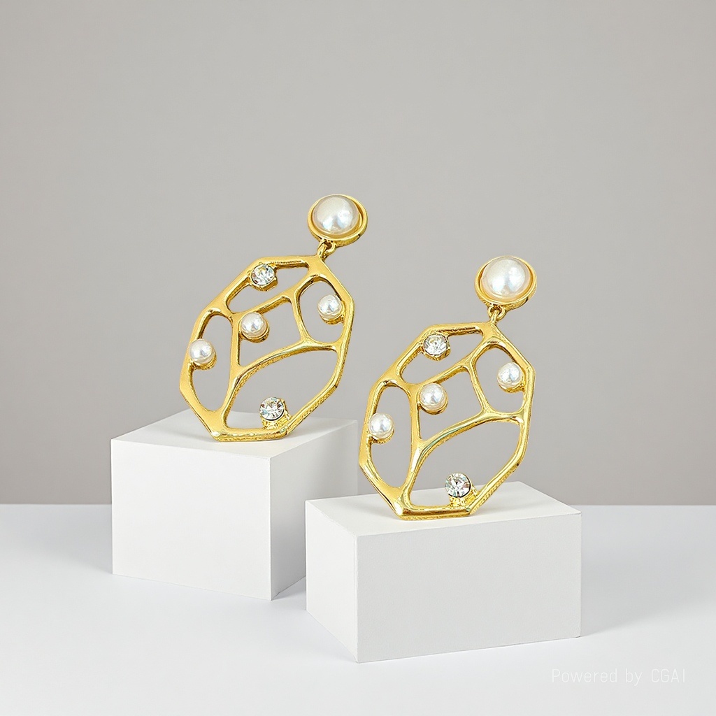 Bulubulu金色几何造型耳环镶嵌珍珠与水晶925银福瑞中古风