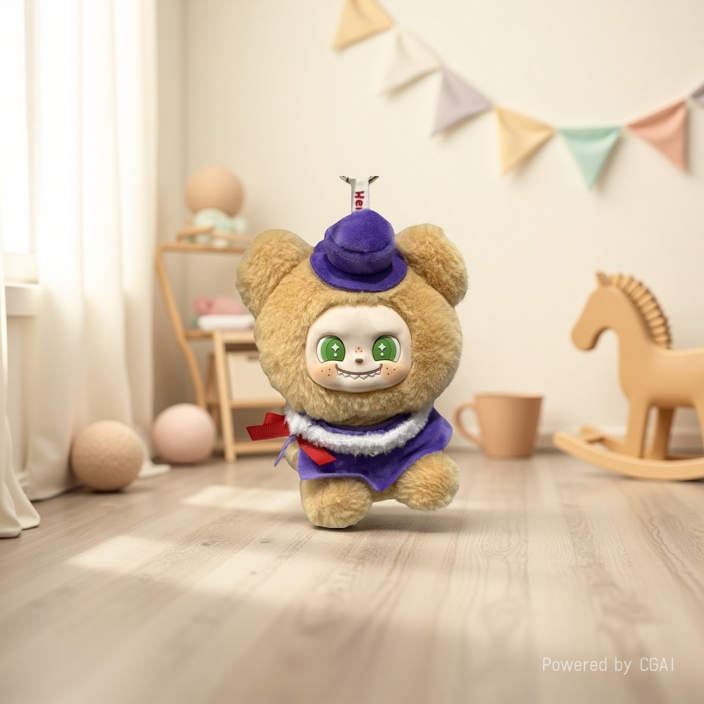 A trendy AI figurine with a brown plush toy wearing a purple cap, green eyes and a smile, a purple and white scarf and a red bow