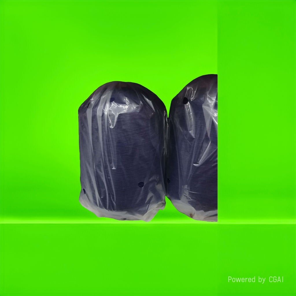 Dark blue 32# wire and cable yarn rolls are packaged in transparent plastic bags and displayed on white shelves