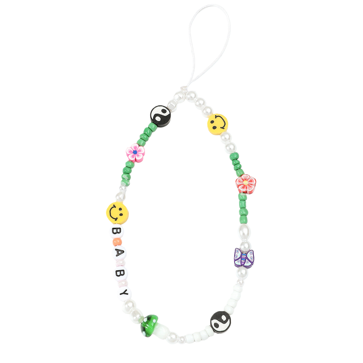 Song brocade colorful beaded mobile phone lanyard keychain, smiling face, yin-yang flower, butterfly, BABY, football Item Picture