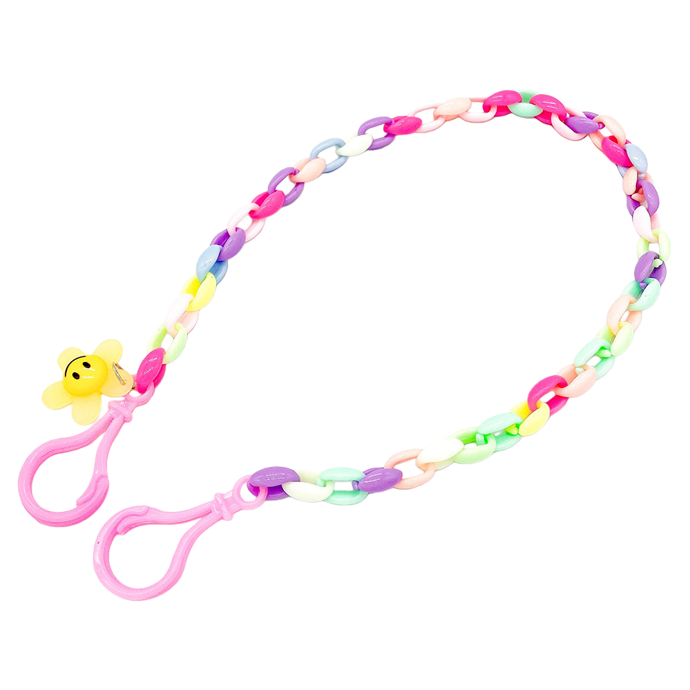 Keychain, colorful plastic chain, lanyard with yellow smiling face flower decoration, pink hook Item Picture