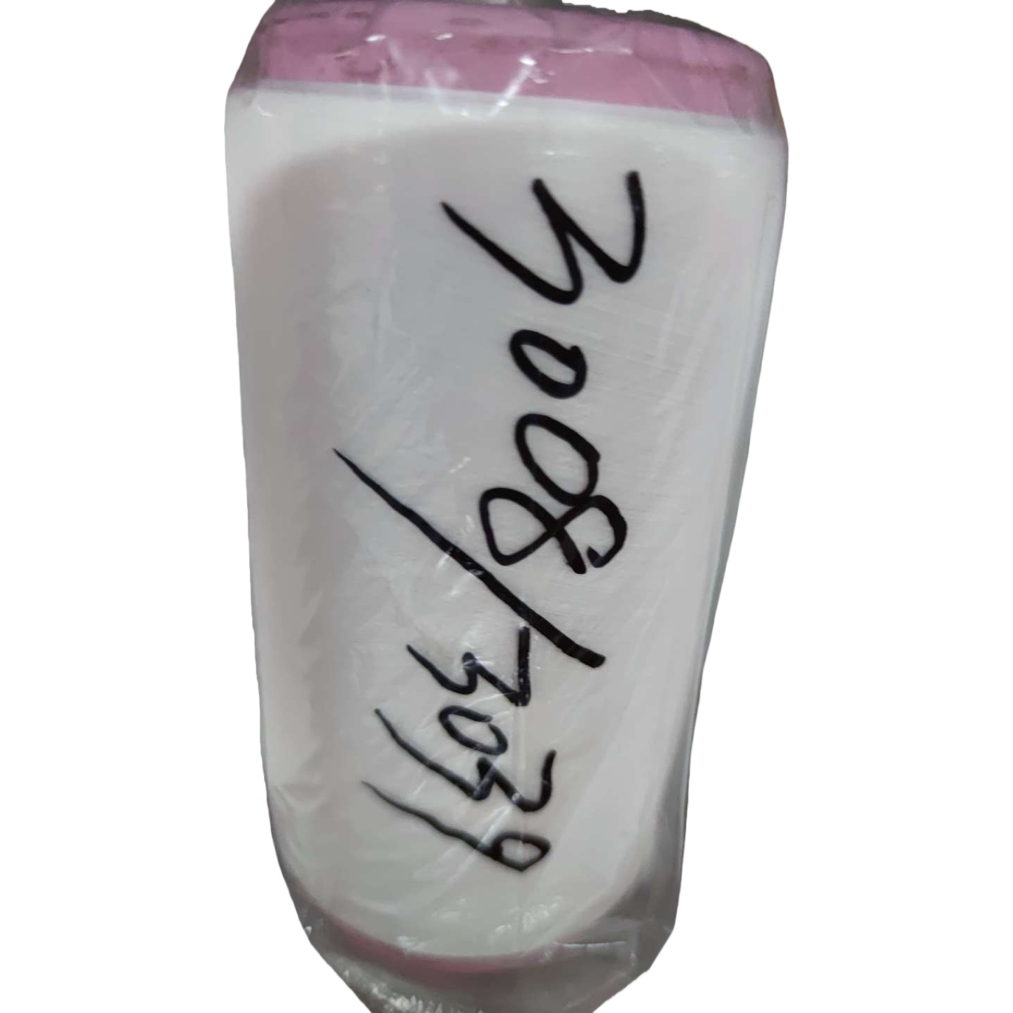 The white cylindrical object of the battle-axe has pink and black handwritten numbers on the top and bottom. It is packaged in a transparent plastic bag Item Picture