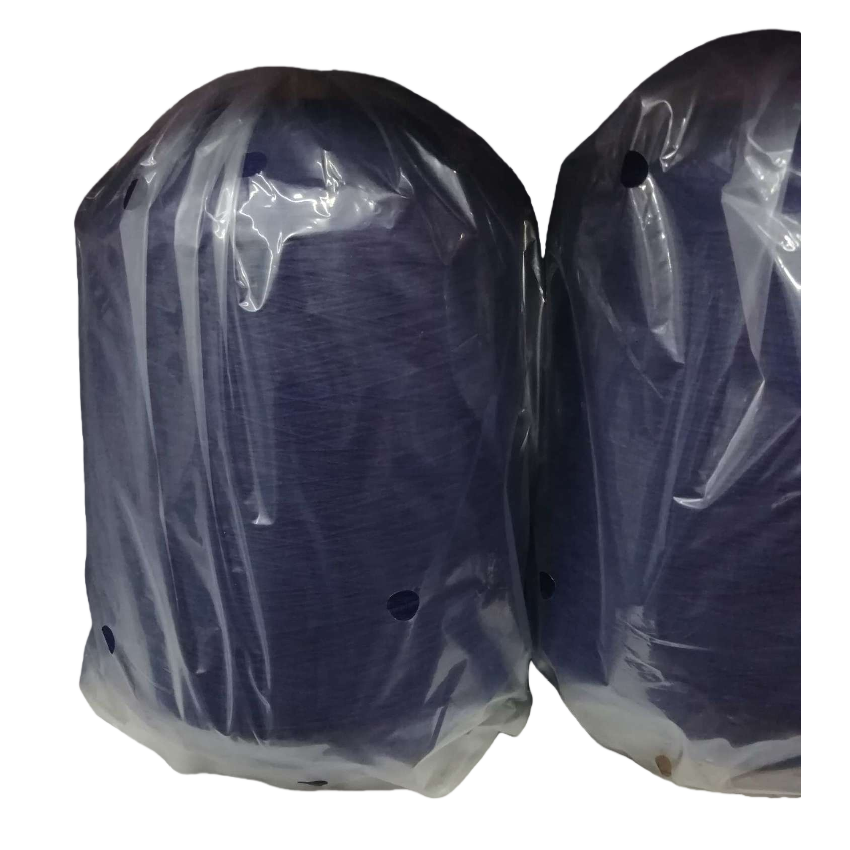 Dark blue 32# wire and cable yarn rolls are packaged in transparent plastic bags and displayed on white shelves Item Picture