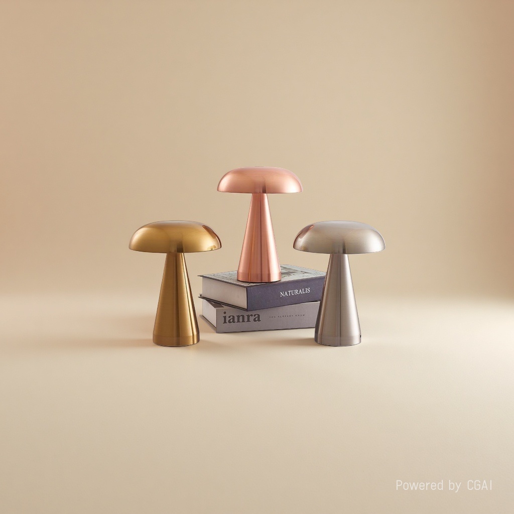 Three mushroom-shaped ceramic table lamps in a row