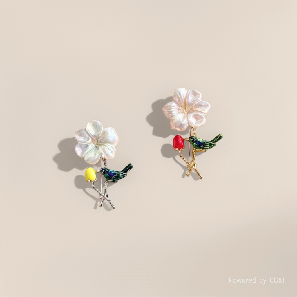 粉色毛衣花鸟造型胸针两枚 珍珠花瓣黄果绿鸟银枝红果绿鸟金枝卡通蝴蝶别针