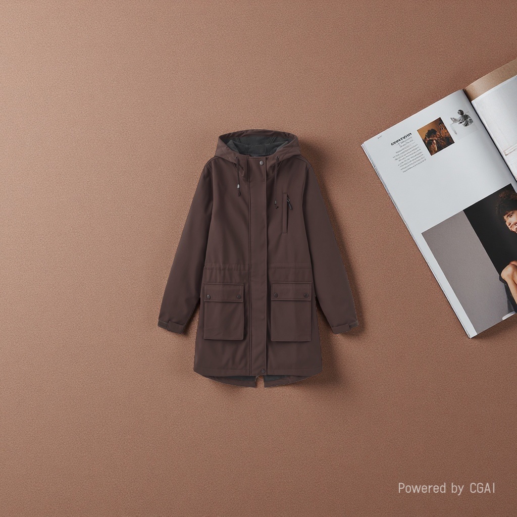 European and American autumn and winter jackets, women's European-sized rainproof hooded women's raincoats, windbreakers, women's coffee-colored