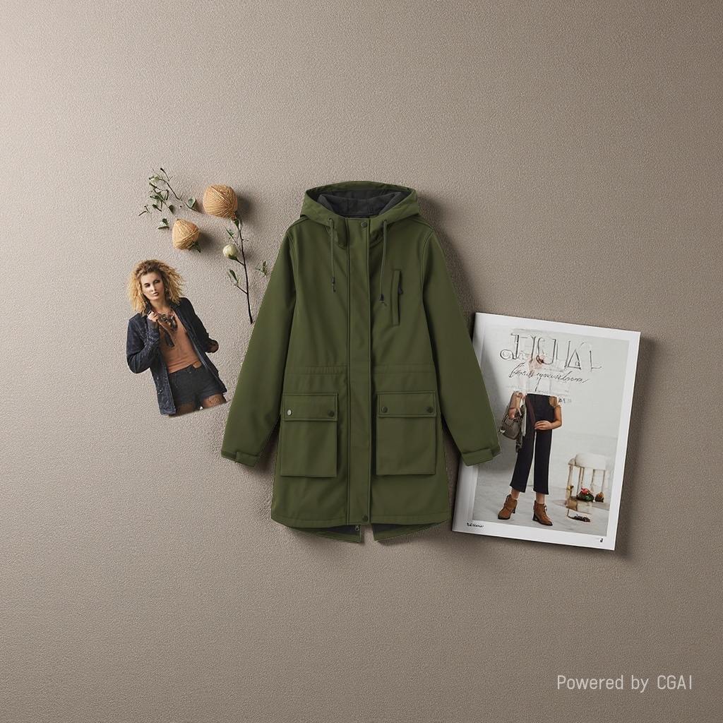 European and American autumn and winter jackets, women's European size rainproof hooded women's raincoats, windbreakers, women's military green