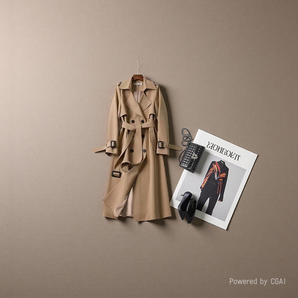 A mid-length windbreaker for women in the spring and autumn of 2025, a trendy British style knee-length coat for petite women in lake blue details Picture