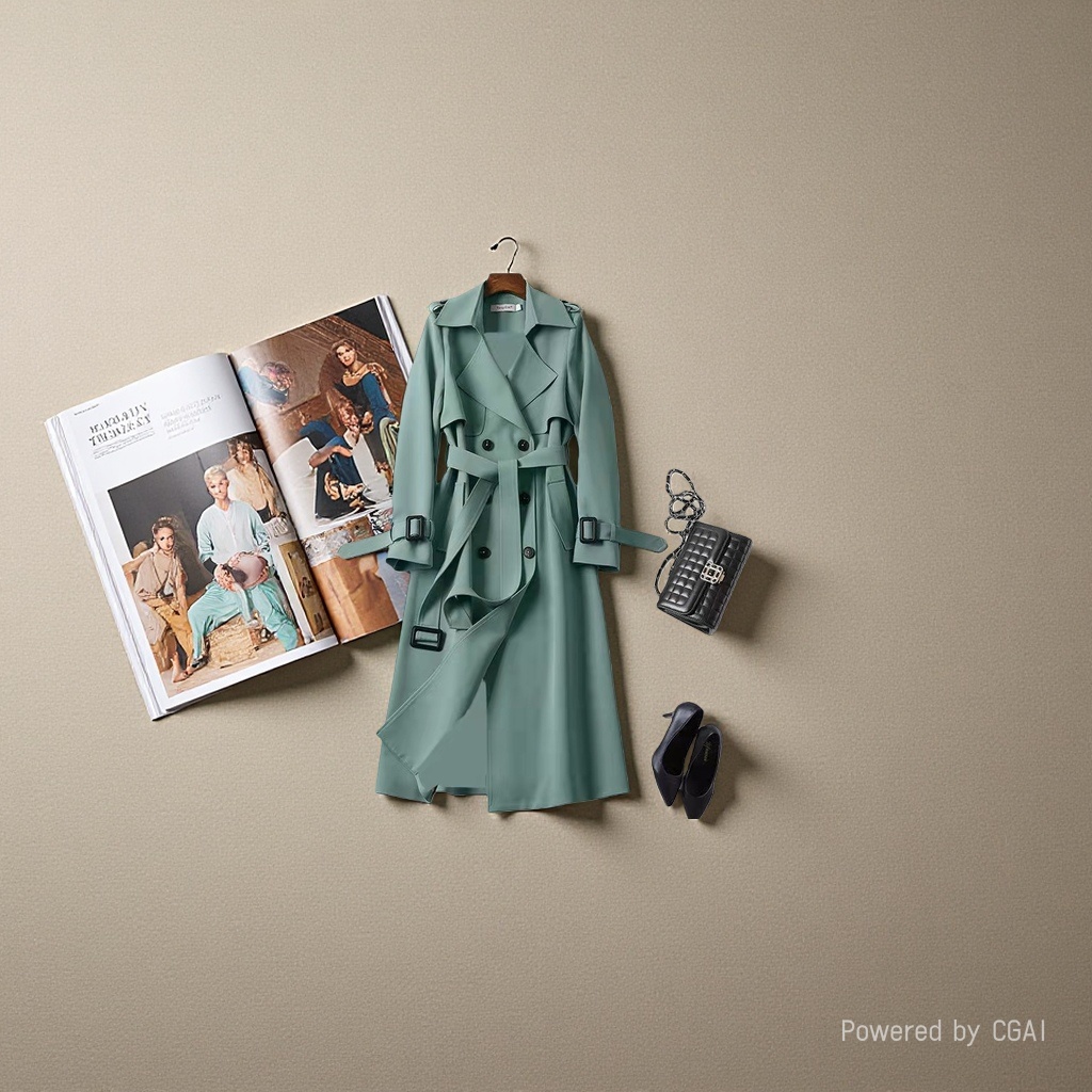 A mid-length windbreaker for women in the spring and Autumn of 2025, a popular British-style knee-length coat for petite women in Khaki details Picture