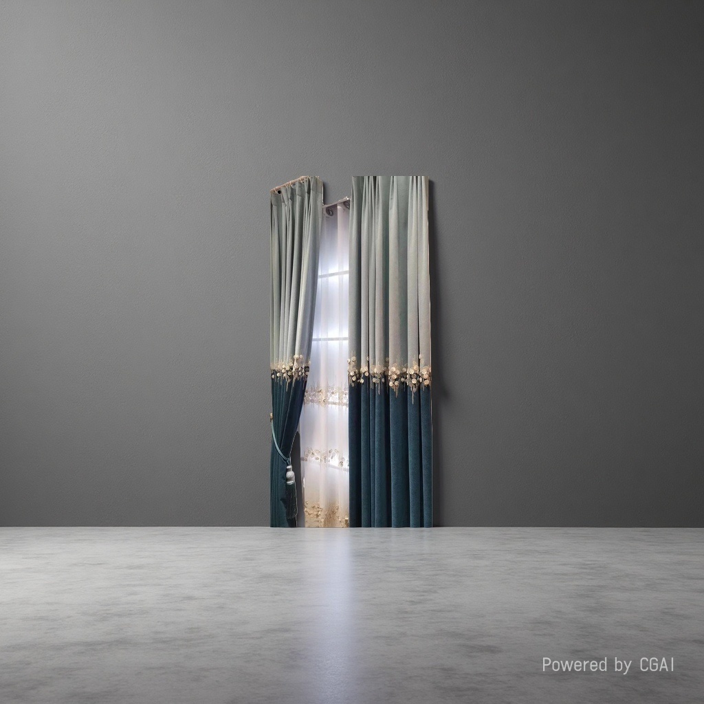 Blue-green velvet curtains with golden circular sequins and fringed trims Specification image
