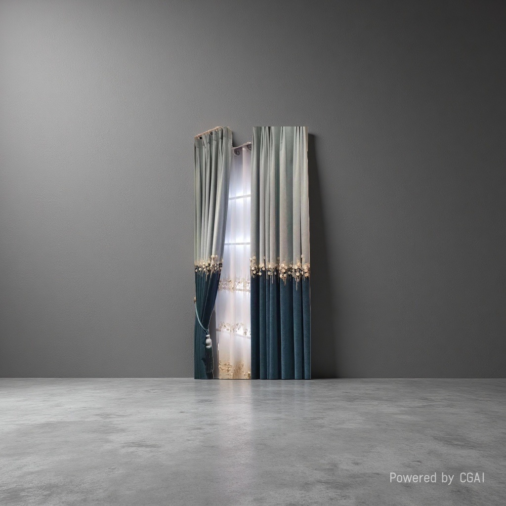 Blue-green velvet curtains with golden circular sequins and fringed trims