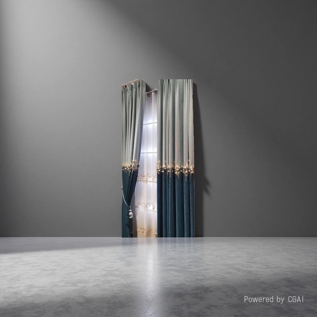 Blue-green velvet curtains with golden circular sequins and fringed trims details Picture