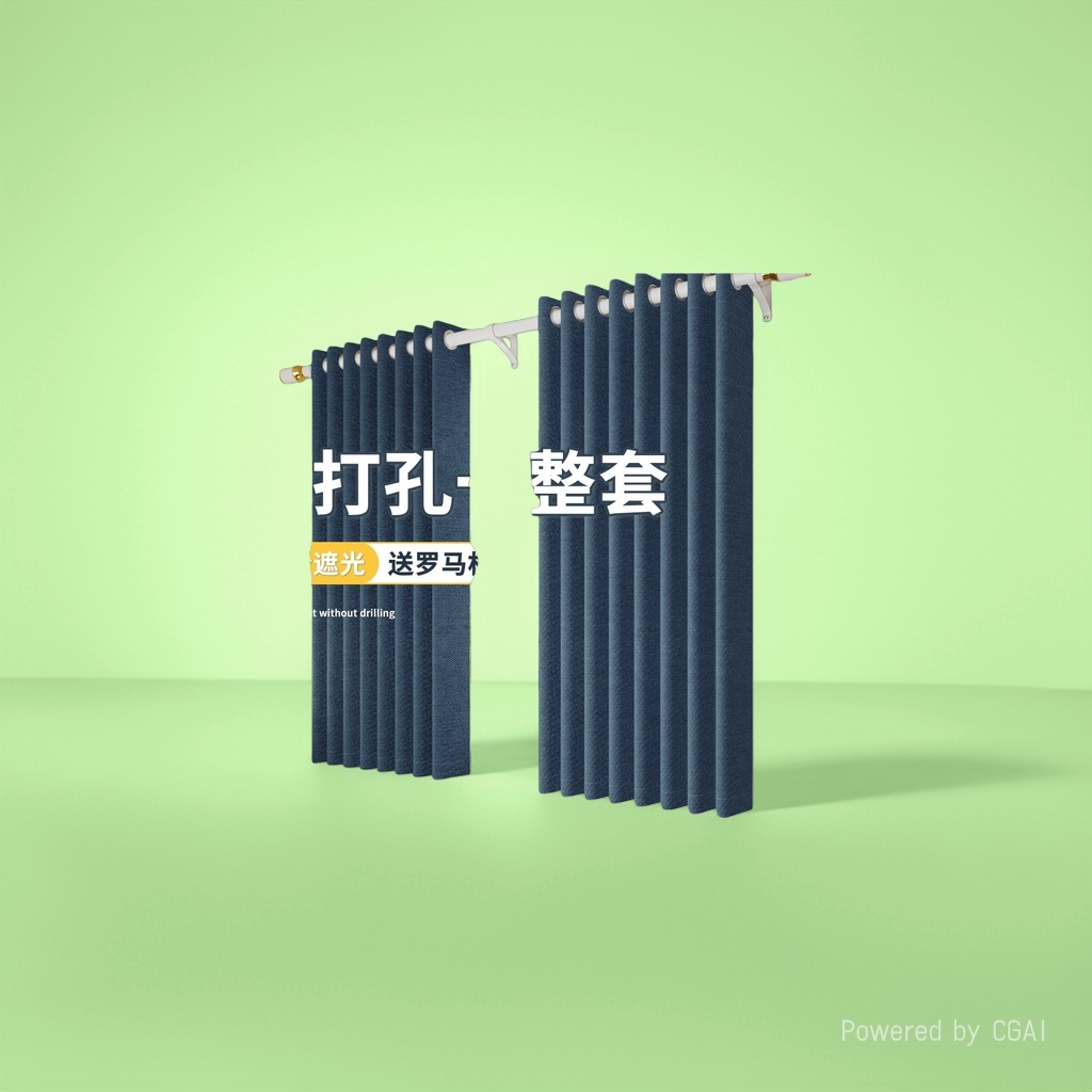 深蓝色半透亚麻成品窗帘浴帘套装自动窗帘