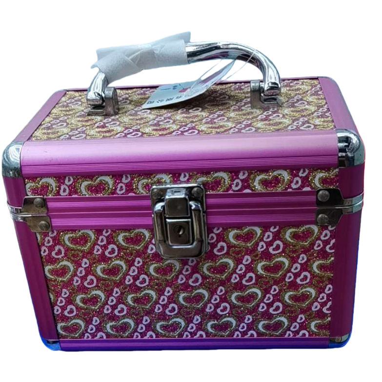 Pink heart-shaped pattern makeup box set, makeup bag, hand-held universal wheel makeup box Item Picture