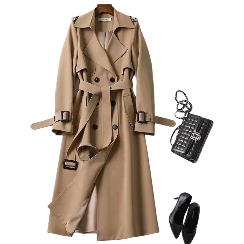 A mid-length windbreaker for women in the spring and Autumn of 2025, a popular British-style knee-length coat for petite women in Khaki Item Picture