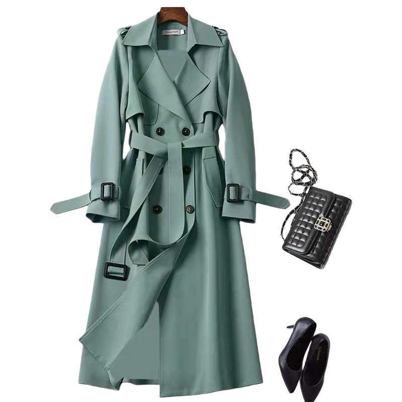 A mid-length windbreaker for women in the spring and autumn of 2025, a trendy British style knee-length coat for petite women in lake blue Item Picture