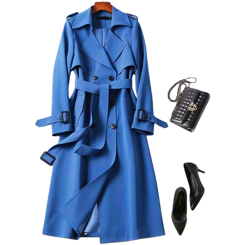 A mid-length windbreaker for women in the spring and autumn of 2025, a trendy British-style knee-length coat for petite women in Korean style, in blue Item Picture