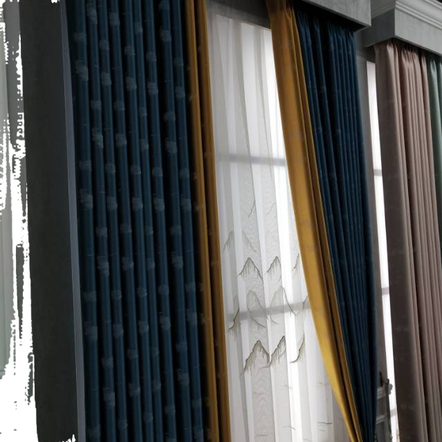Paquete de cortinas para toda la casa azul oscuro con cortinas de patrón más bordes de patchwork amarillos con cortinas de pantalla de bordado blanco Item Picture