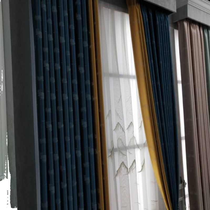 Azul oscuro gris estampado borde amarillo bordado blanco tela de cortina encaje estilo francés manija de la cortina dibujo tela Item Picture