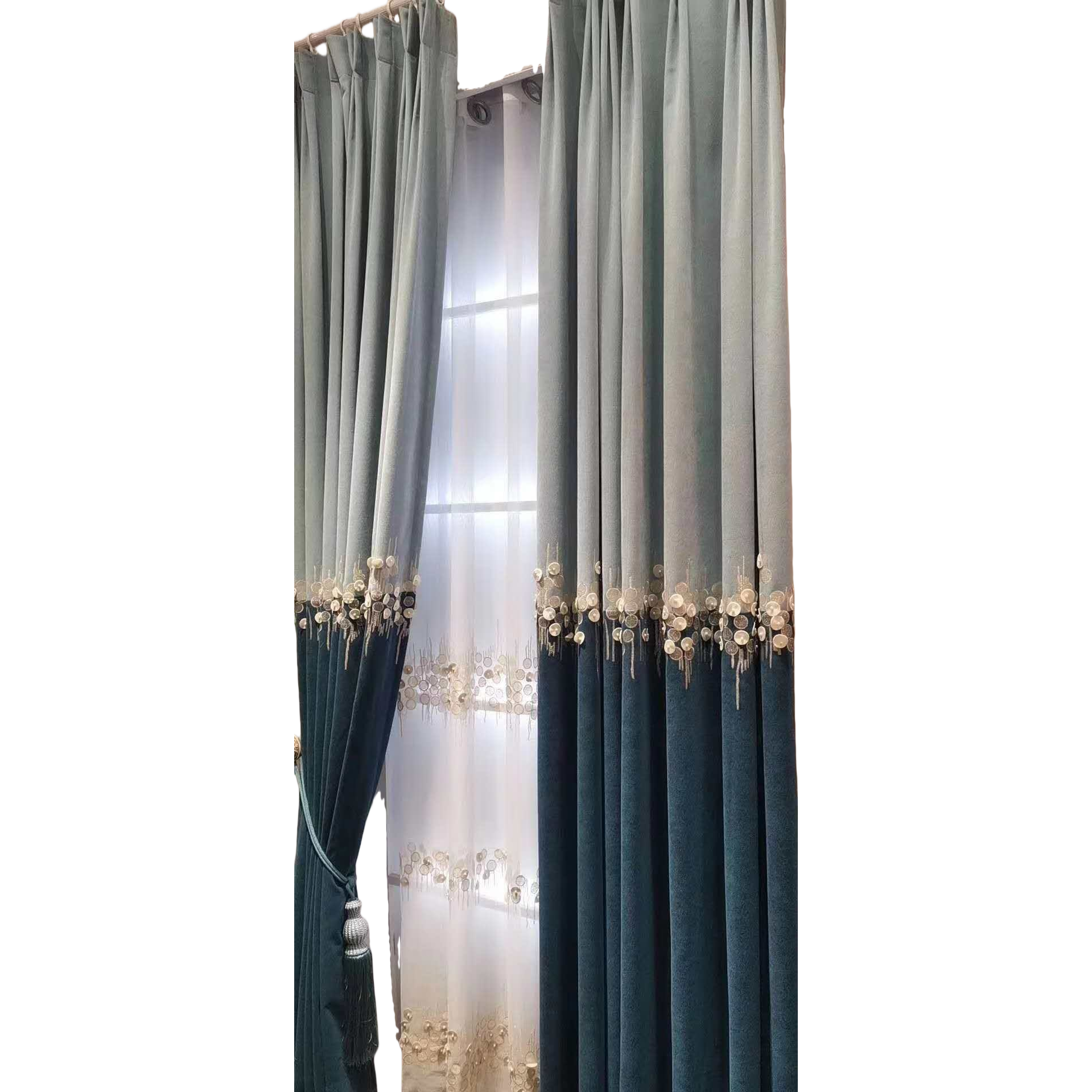 Blue-green velvet curtains with golden circular sequins and fringed trims Item Picture