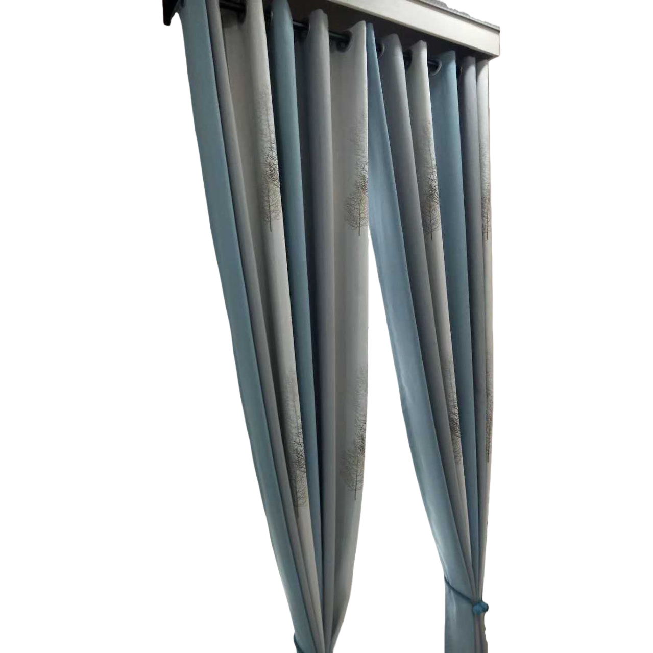 Blue-gray gradient tree shadow semi-transparent linen finished curtains, bath curtain sets, automatic curtains Item Picture