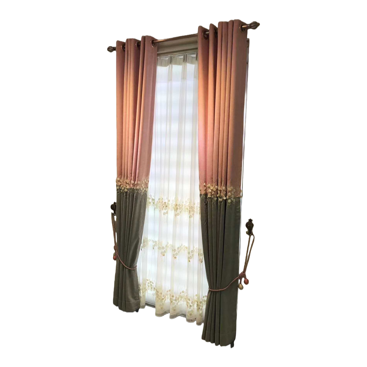 Custom-made window screens, pink and gray color-blocked curtains, gold and silver sequined mesh screens for light transmission and sun protection Item Picture