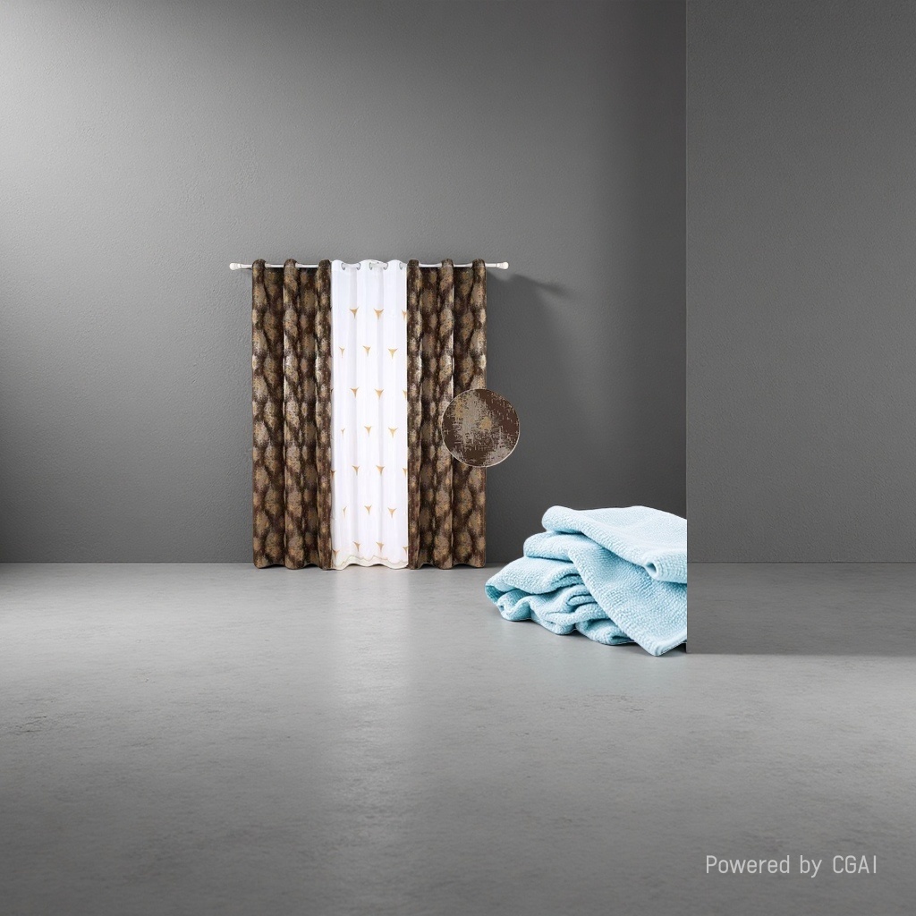 Brown and golden spotted semi-transparent linen finished curtains, bath curtain sets, automatic curtains details Picture