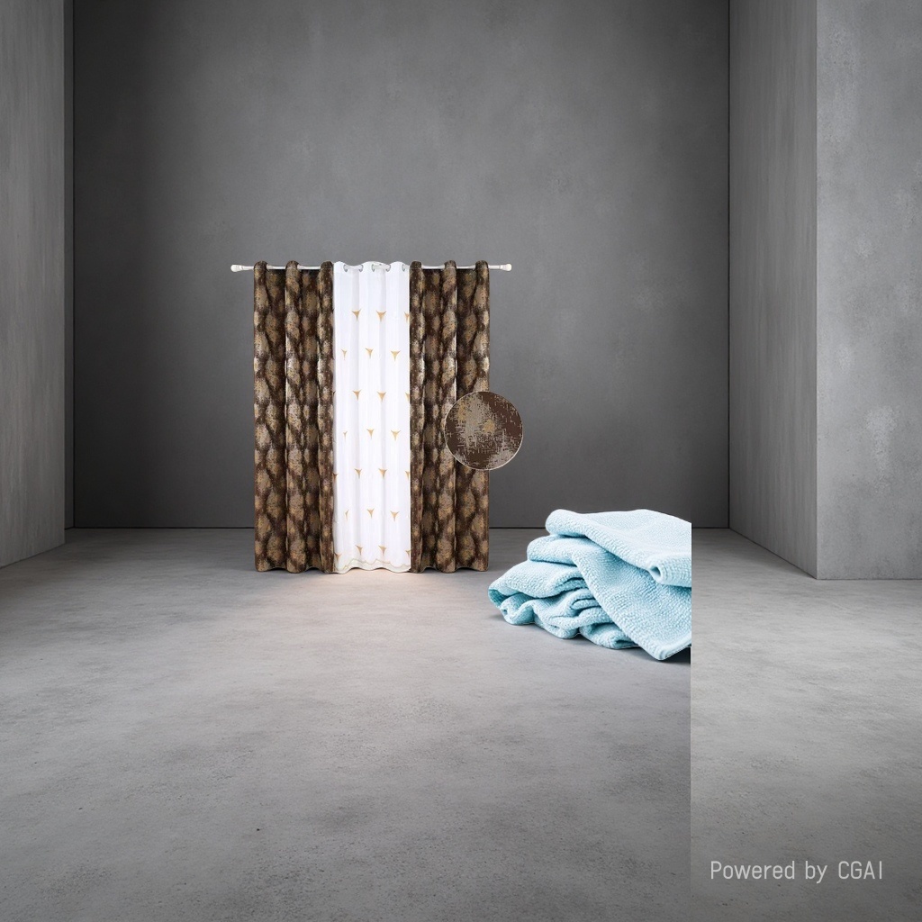 Brown and golden spotted semi-transparent linen finished curtains, bath curtain sets, automatic curtains Specification image
