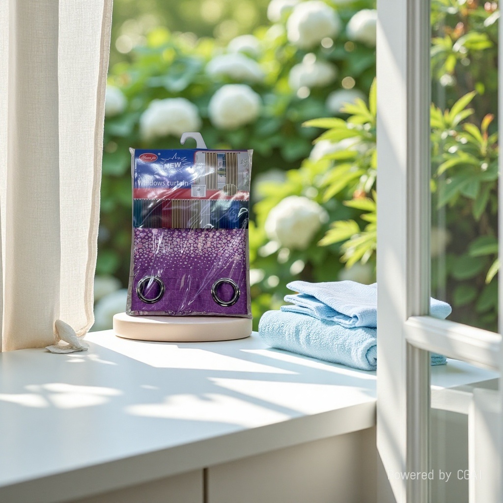 Finished curtain purple polka dot semi-transparent linen bath curtain set with metal ring holes