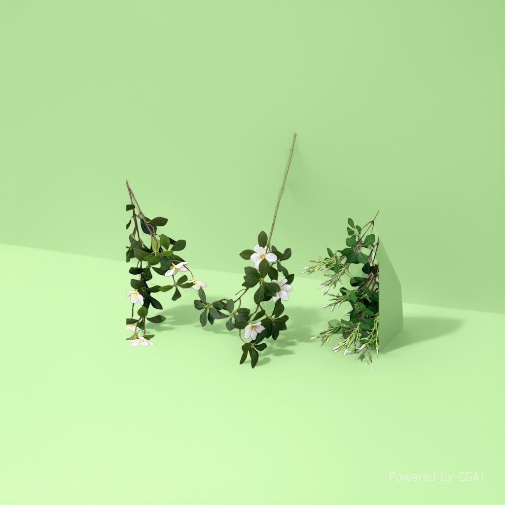 Blind box of miniature landscape plants with white small flowers, green leaves and branches of artificial Marigold. Artificial flowers Application Scenario