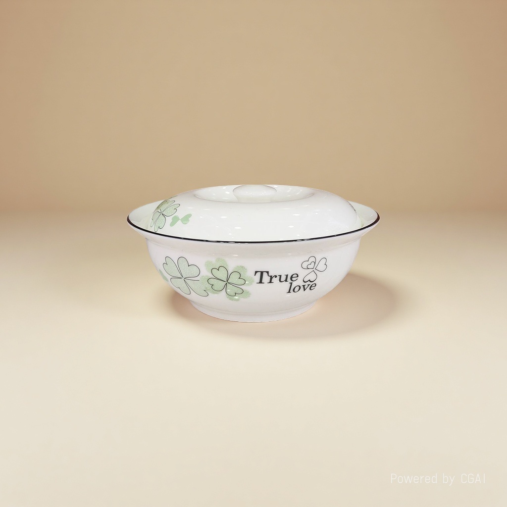 白色带绿clover图案True love字样瓷碗 酒店餐具
